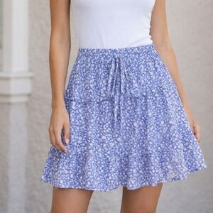 3/$25 Sienna Sky Blue Floral Tiered Ruffle Mini Skirt Cottagecore Boho L